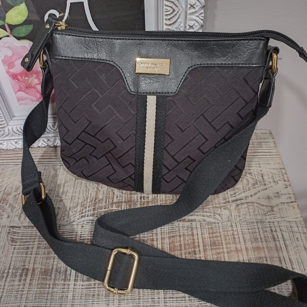 Tommy Hilfiger Black Fabric Logo Crossbody with Racer Stripe